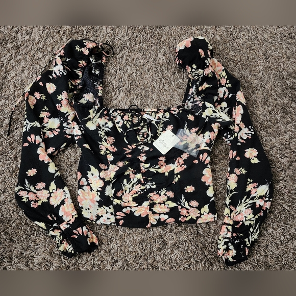 Free People Hilary Printed Top Black Combo XS NEW - Picture 1 of 5